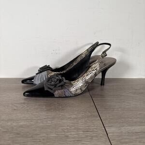 Beverly Feldman Snake Skin With Rose Bows Heel Sling Back Women’s 8.5 M VTG New